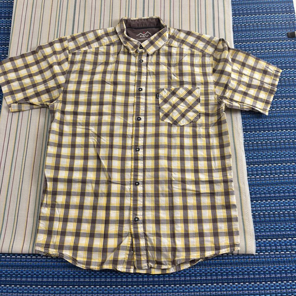 KAVU Shirt Mens Large Brown Yellow Plaid Short Sleeve Button Casual Cotton EC